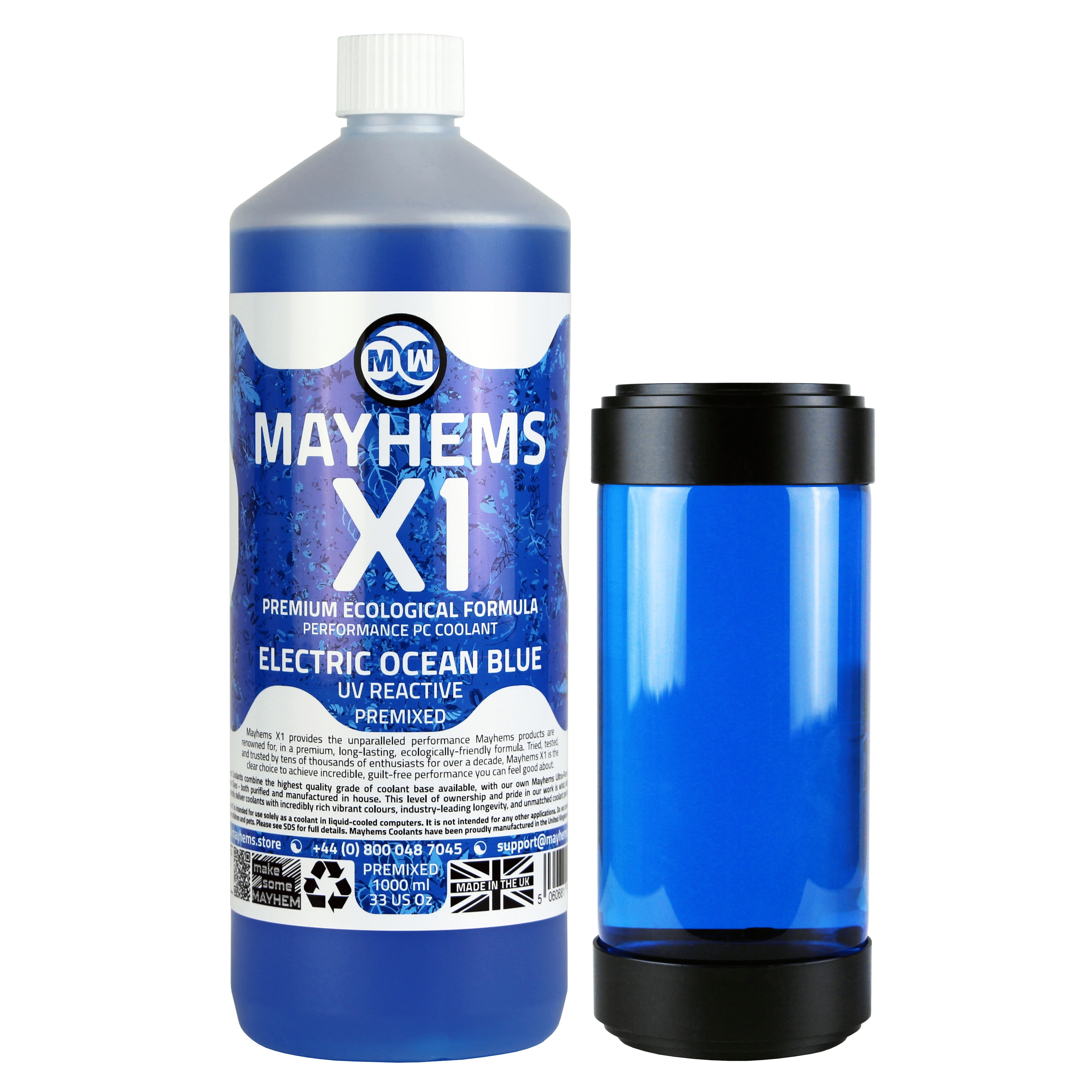 Mayhems - PC Coolant - X1 Premix - Eco Friendly Series, UV Fluorescent, 1 Litre, Electric Ocean Blue